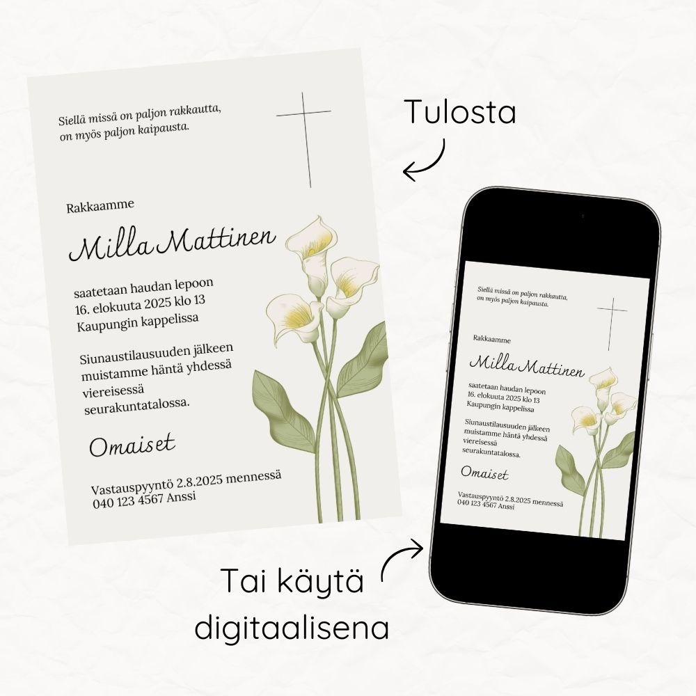 Digitaalinen tai tulostettava hautajaiskutsu