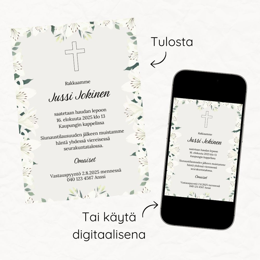 Digitaalinen tai tulostettava hautajaiskutsu
