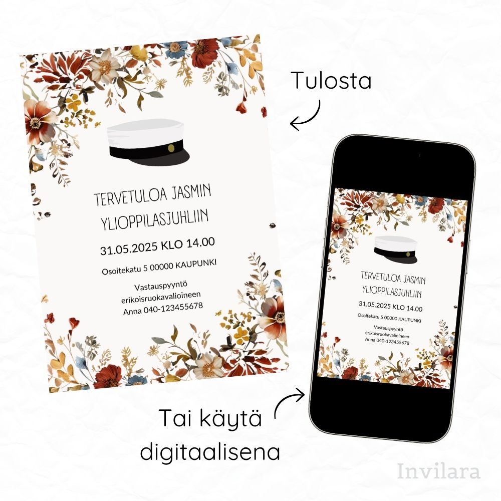 Muokattava ja tulostettava tai digitaalinen ylioppilaskutsu, valmistujaiskutsu